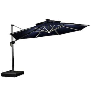 12 ft. Octagon Aluminum Solar powered LED Patio Outdoor Large Cantilever Umbrella Heavy Duty Sun Umbrella in Navy Blue