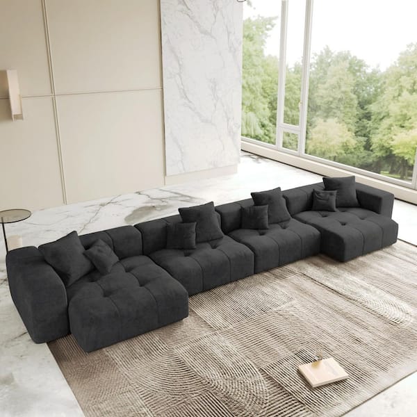183 in. Oversized Square Arm Linen Rectangle Modular Sectional Sofa 4-Seater in Black