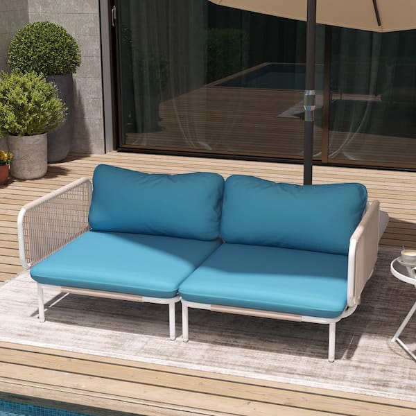 2-Piece Metal Outdoor Sectional Set Sofa with Blue Cushions and 4-Armrest