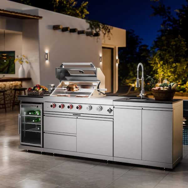 105 In. Outdoor Kitchen 4-Burner Propane Grill Island with Rotisserie Refrigerator Sink in Stainless Steel