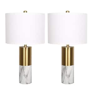 19.8 in. Plated Gold and White Marble Table Lamp Set with White Fabric Shade and Cable (Set of 2)