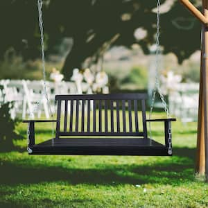 Outdoor Wood Bench Porch Swing with Armrests, Hanging Chains, for Garden Yard, Porch, Backyard, or Sunroom, Black