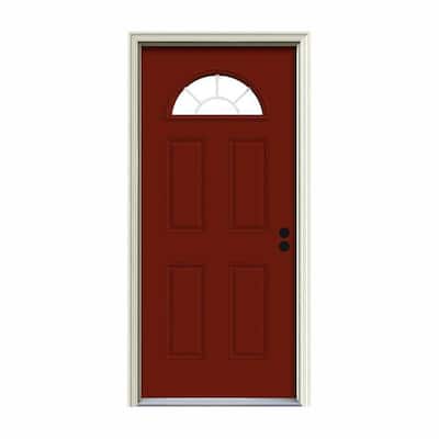36 in. x 80 in. Fan Lite Mesa Red Painted Steel Prehung Left-Hand Inswing Front Door w/Brickmould