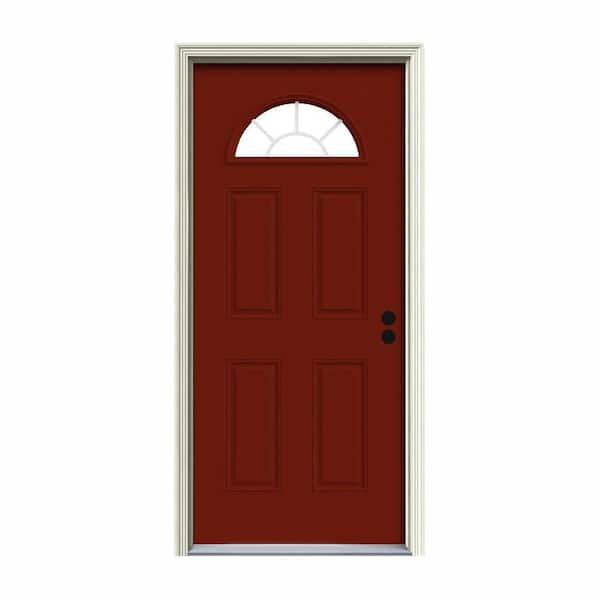 JELD-WEN 36 in. x 80 in. Fan Lite Mesa Red Painted Steel Prehung Left-Hand Inswing Front Door w/Brickmould