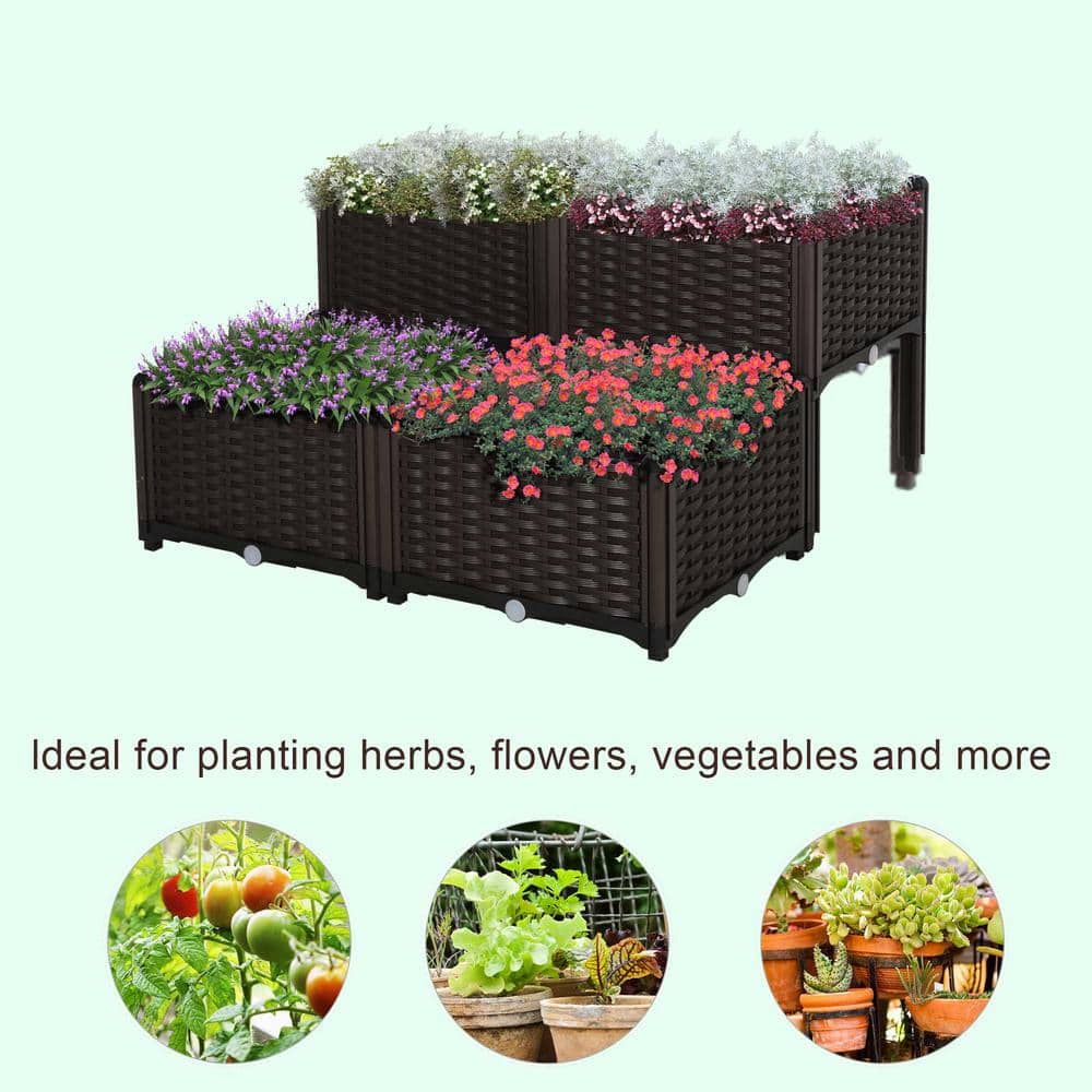 Brown 4-Piece Plastic Raised Garden Bed Planter Set