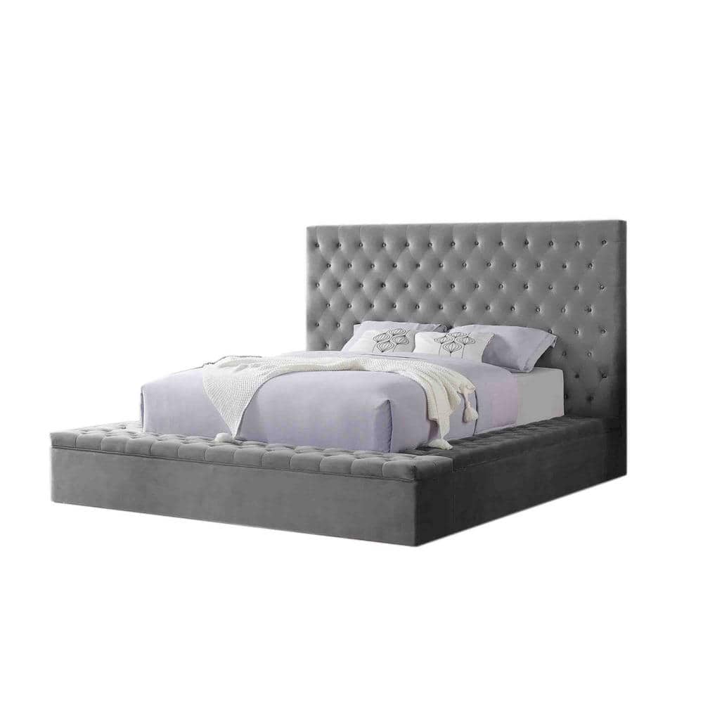 Cierra Velvet Upholstered Queen Platform Bed with Storage in Gray