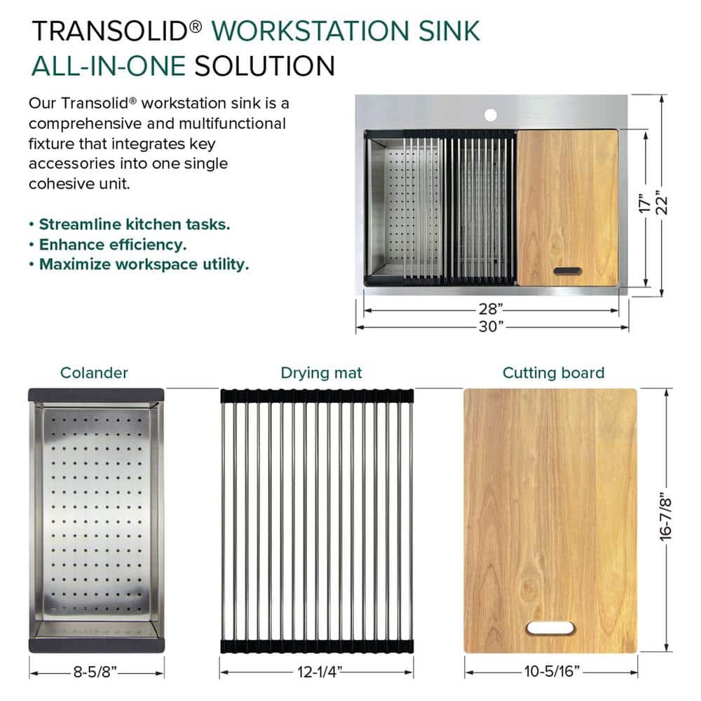 Transolid 30'' Stainless Steel Kitchen Workstation Sink with Accessories
