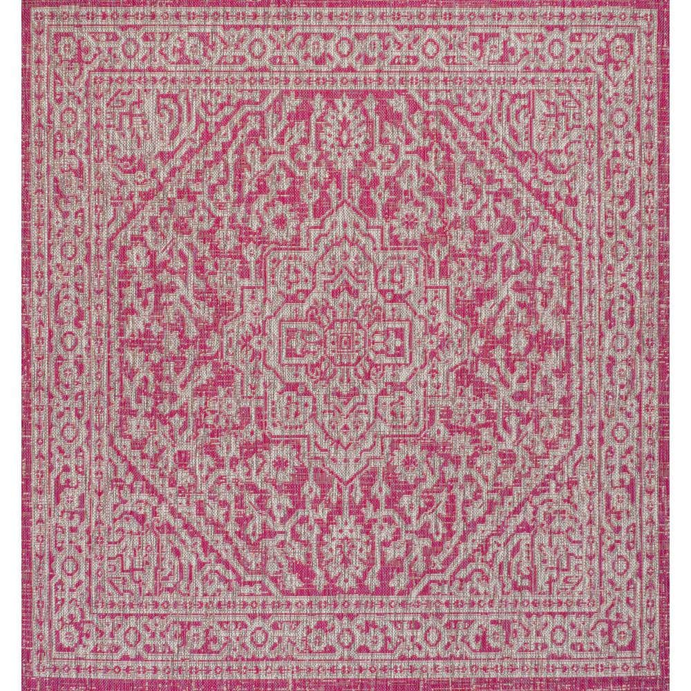 Fuchsia and Light Gray Medallion Square Outdoor Rug - 5' Synthetic