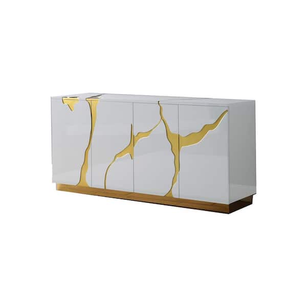 Best Master Furniture Sanford 69 in. White High Gloss with Gold Accent Modern-Sideboard