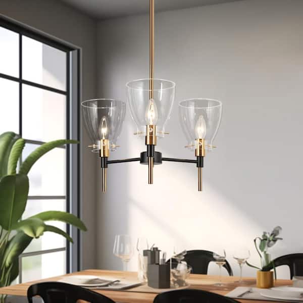 Transitional 3-Light Black and Brass Gold Chandelier for Dining Room, Island Pendant Light with Bell Clear Glass Shades