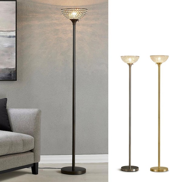 HomeGlam Lucie 71 in. Antique Brass Crystal Shade Torchiere Floor