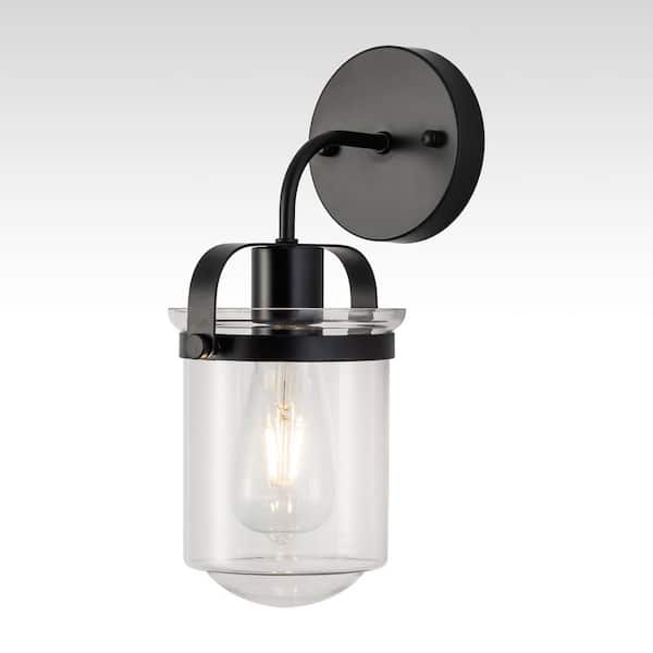 Kira 8 in. 1-Light Black Industrial Bathroom Vanity Light with Clear Glass Shade and E26 Socket