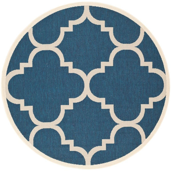 SAFAVIEH Courtyard Navy/Beige 8 ft. x 8 ft. Round Geometric Indoor/Outdoor Patio  Area Rug