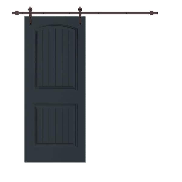 CALHOME Elegant 30 in. x 80 in. Charcoal Gray Stained Composite MDF 2 Panel Camber Top Sliding Barn Door with Hardware Kit