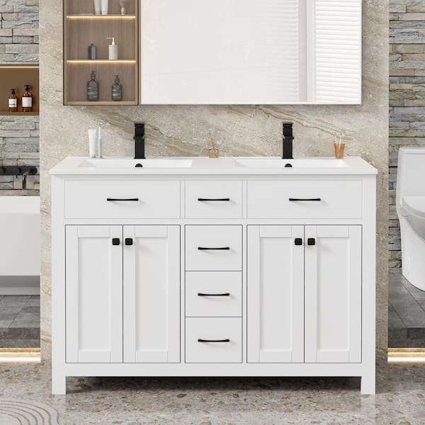48 in. W x 18 in. D x 34 in. H Double Sink Freestanding Bath Vanity in White with White Resin SMC Top and Drain Faucet