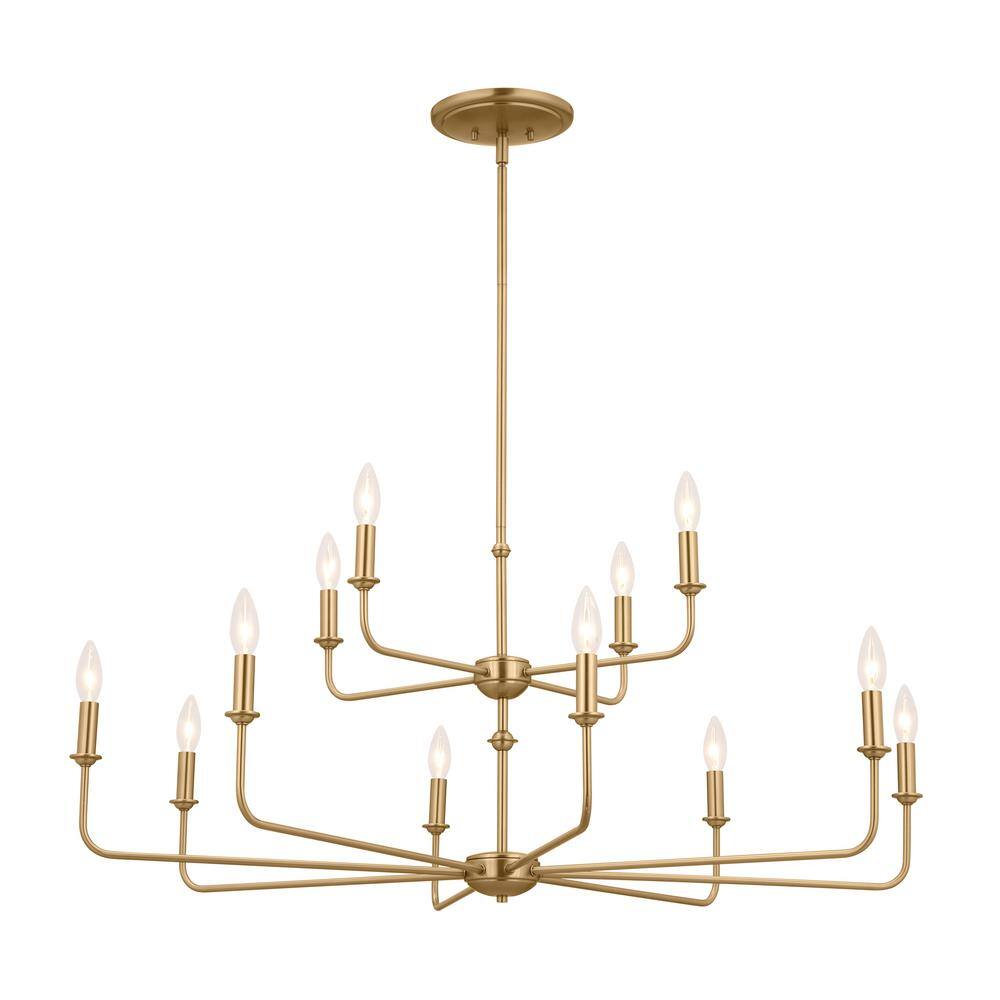 Brushed Natural Brass 12-Light Chandelier with Fabric Bell Shades