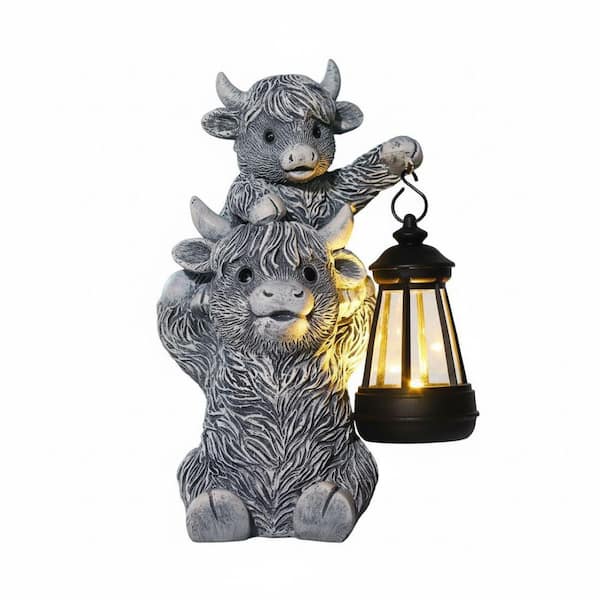 Highland Cow and Solar Lantern Series 9.5 in. Grey Solar Outdoor Resin Highland Cow Garden Decorative Statue Package
