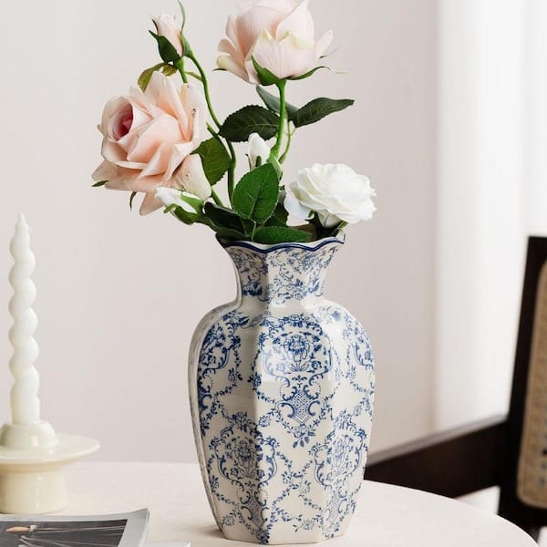 9 in. Blue Ceramic Bottle Vintage Blue Ceramic Flower Vessel