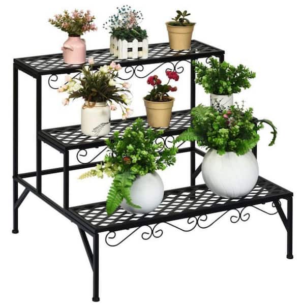 3 Tier Black Steel Rectangle Plant Stand with Weather Resistance (24 in. H W x 24 in. H H) Metal Decorative Plant Stand.