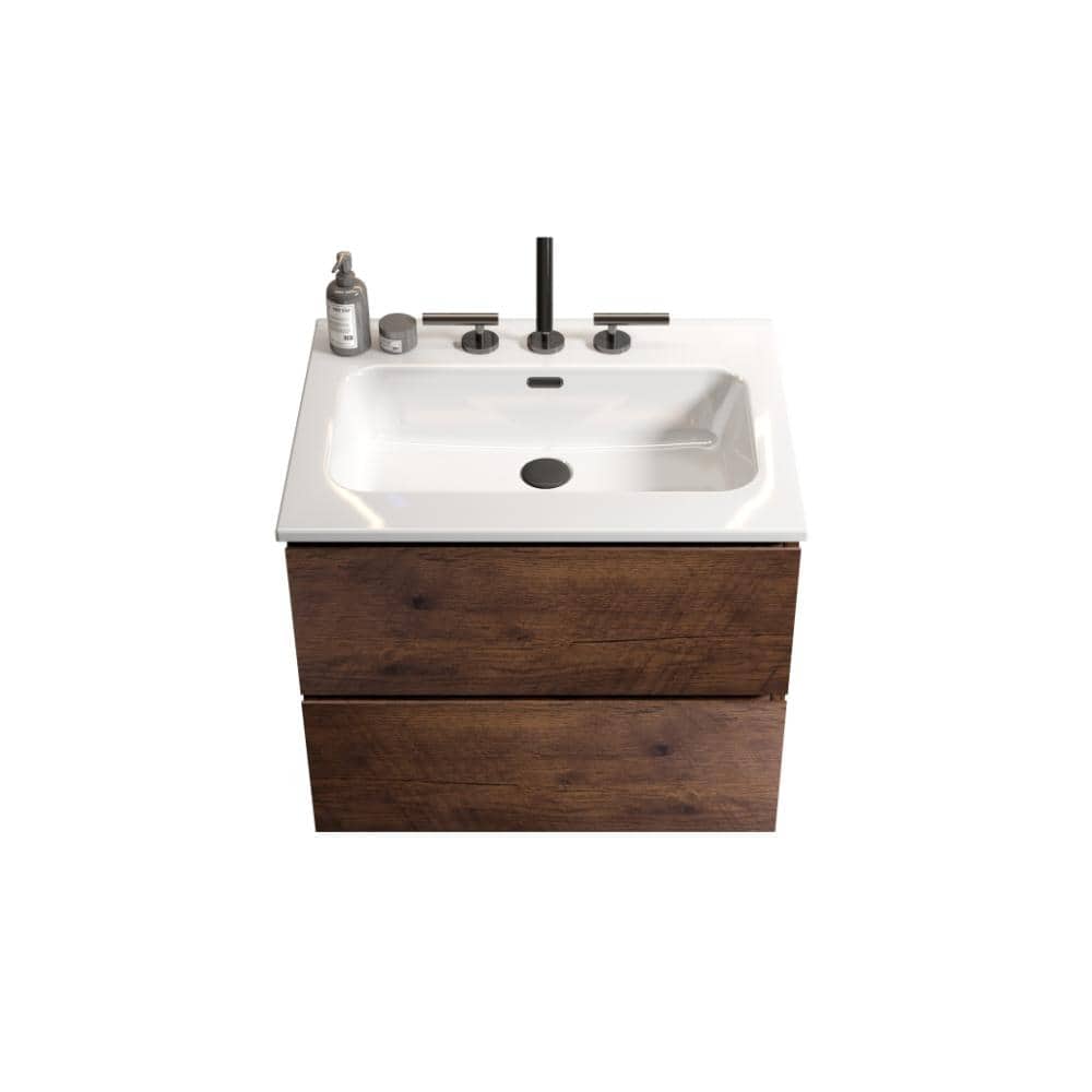 ZXDDMS 24 in. Single Sink Floating Walnut Bath Vanity with White