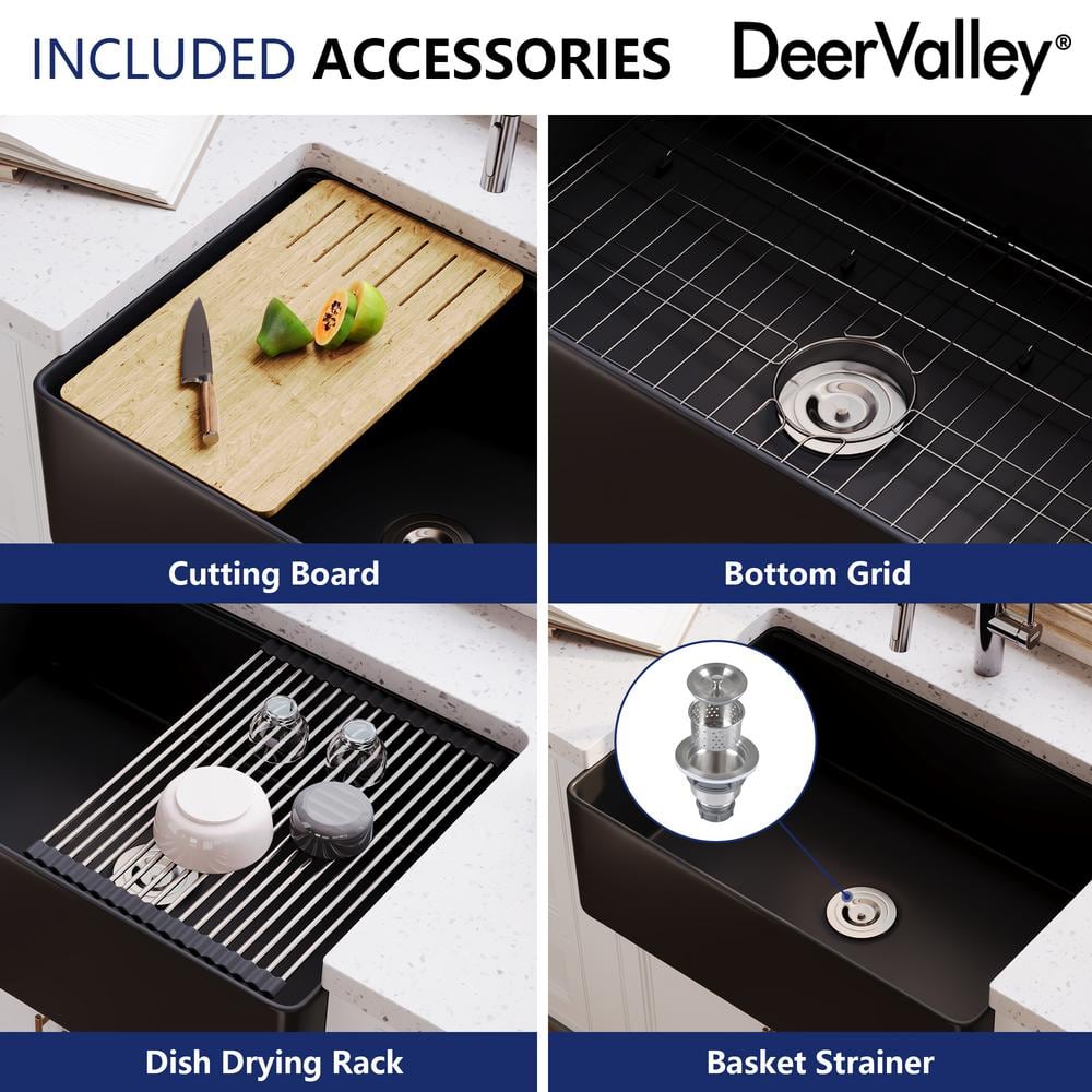 Matte Black Fireclay Single Bowl Farmhouse Kitchen Sink with Accessories