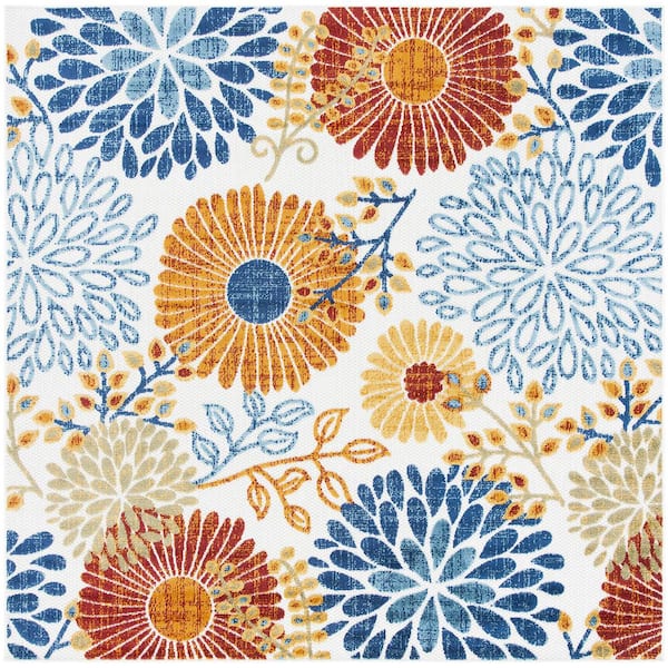 Unbranded White 6 ft. 7 in. x 6 ft. 7 in. Floral Polypropylene Indoor/Outdoor Area Rug