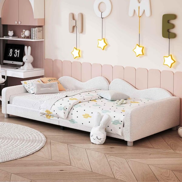 Polibi White Wood Frame Twin Size Upholstered Platform Bed with Cloud-Shaped Backrest, No Box-spring Needed