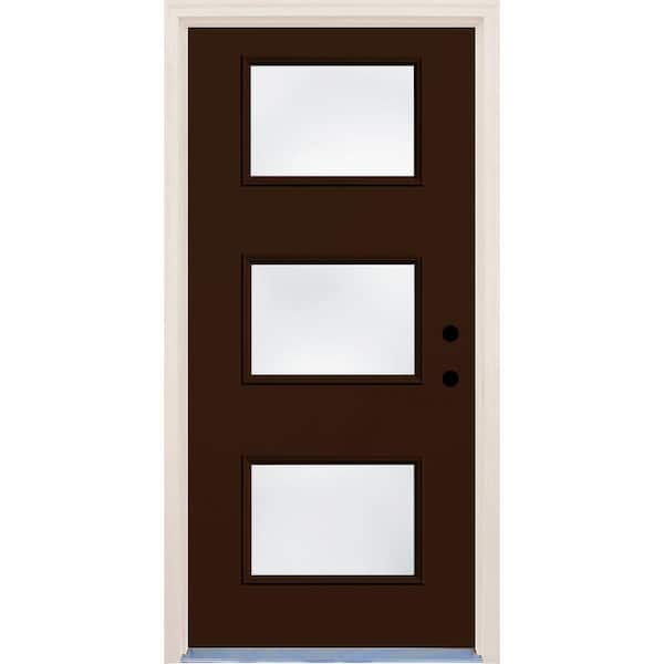 Builders Choice 36 in. x 80 in. Left-Hand Earthen 3 Lite Clear Glass Painted Fiberglass Prehung Front Door with Brickmould