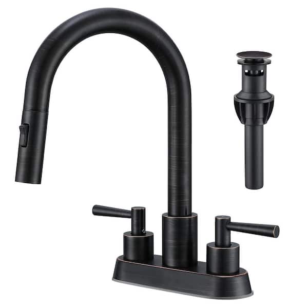 4 in. Centerset Double Handle High Arc Bathroom Sink Faucet with Pull Out Sprayer and Pop Up Drain in Oil Rubbed Bronze