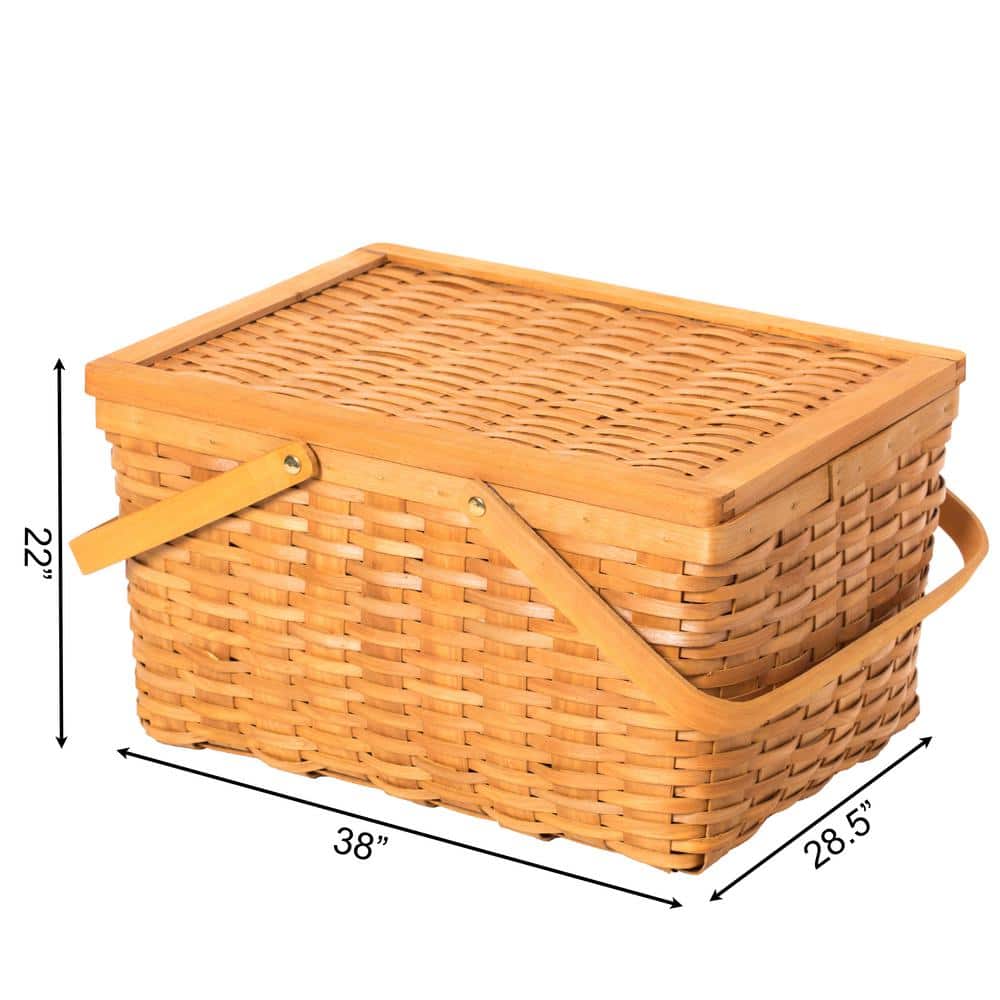 Large Natural Woodchip Picnic Basket with Movable Handles and Lid