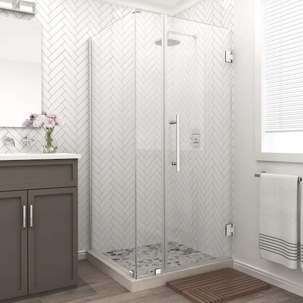 Aston Bromley 27.25 in. to 28.25 in. x 30.375 in. x 72 in. Frameless Corner Hinged Shower Enclosure in Stainless Steel