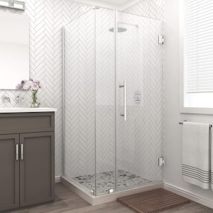 Bromley 33.25 in. to 34.25 in. x 34.375 in. x 72 in. Frameless Corner Hinged Shower Enclosure in Stainless Steel