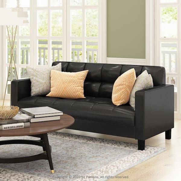 Brive 76.38 in. Square Arm Faux Leather Straight Tufted Sofa in. Black