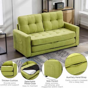 59.4 in. Square Arm Chenille Rectangle Sofa with Pull-Out Bed Modern Upholstered Couch with Side Pocket in Green