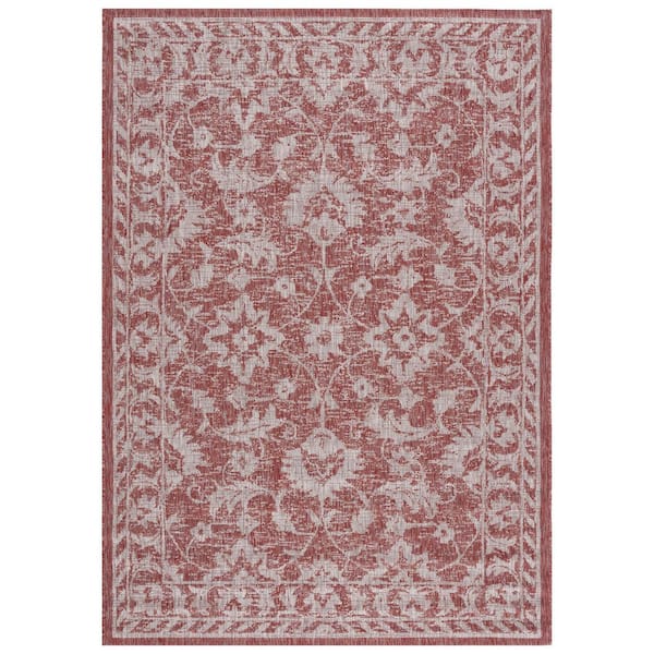 Courtyard Red/Beige 5 ft. x 8 ft. Distressed Ornate Floral Indoor/Outdoor Area Rug