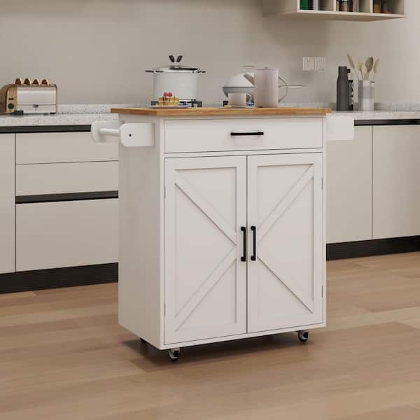 40 in. White Wood Kitchen Cart with Adjustable Shelves and Towel Rack