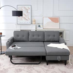 74.8 in. L Shaped Fabric Sectional Sofa in. Gray with Storage, Convertible Sofa Bed with Side Pocket and Cup Holders