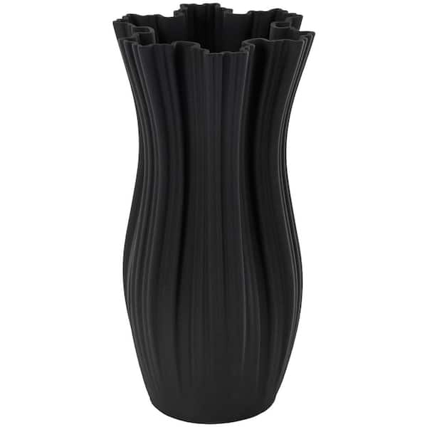 Litton Lane Black Ribbed Tulip Inspired Ceramic Abstract Decorative Vase with Floral Shaped Rim