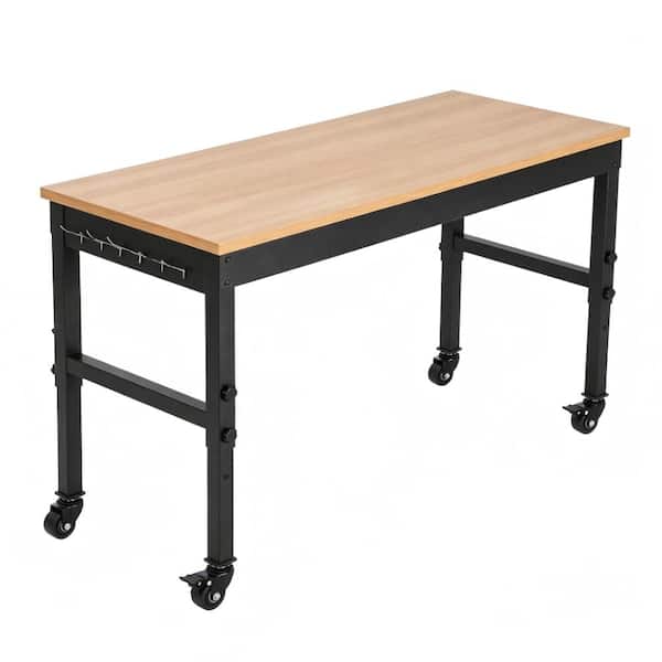 72x24in Adjustable Height Heavy Duty Workbench Solid Rubberwood & Steel Top, Built-in Power Outlets with wheels