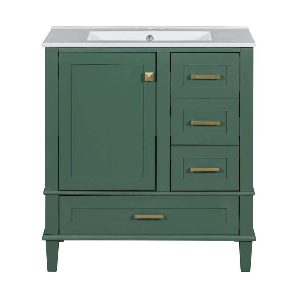 Nyveth 30 in. Modern Green Bath Vanity with White Ceramic Top, 4-Drawers, Shelves, Wood price history on PriceWatchPro