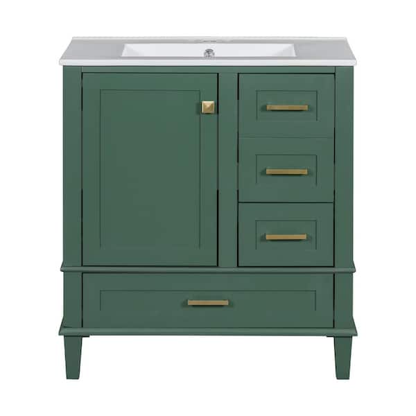 Nyveth 30 in. Modern Green Bath Vanity with White Ceramic Top, 4-Drawers, Shelves, Wood