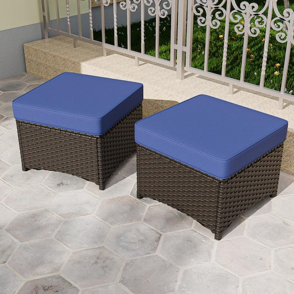 Brown Wicker Outdoor Ottoman Patio Footstool with Blue Cushions (2-Pack)