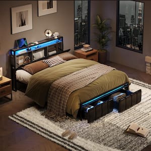 Gray Metal Frame Full Size Platform Bed with Storage Drawers and LED Headboard with Charging Station