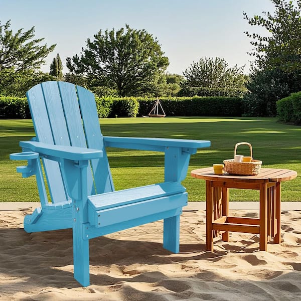 JEAREY Weather Resistant Plastic HDPE Outdoor Patio Folding Adjustable Adirondack Chair with Cup Holder in Light Blue