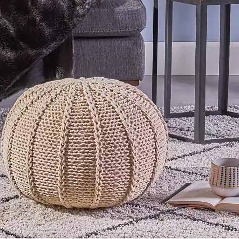 Beige Cotton Round Knit Pouf for Living Room