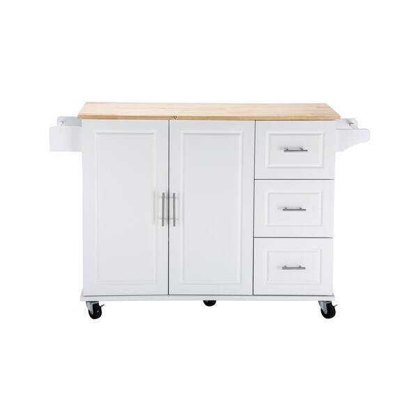 Unbranded White Wood 53.93 in. Kitchen Island with Extensible Rubber Wood Table Top, 3-Drawers, Spice Rack, Towel Rack