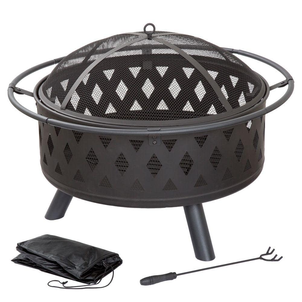 Pure Garden 32 in. Round Steel Crossweave Firepit with Cover M150017 ...