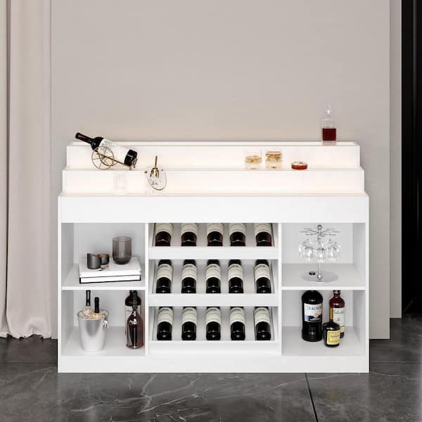 FUFU&GAGA 30-Bottle White Wine Cabinet with Stepped Shelves, 3-Color LED Lighting, Wine Racks & Glass Holders for Home Bar Storage