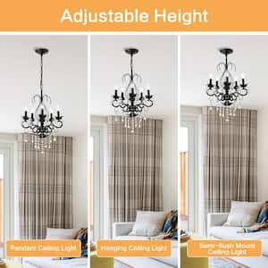 5-Light Matte Black+ Gold Classic Vintage Crystal Candle Chandelier with Adjustable Chain, 5 X E12, No Include Bulb