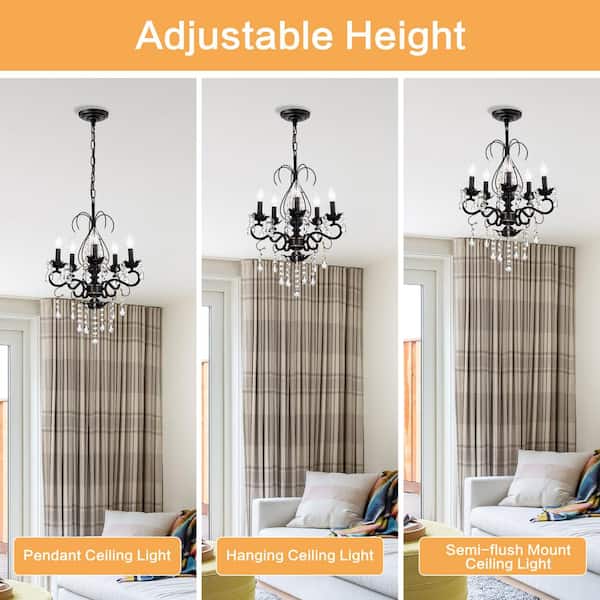 Sunpez 5-Light Matte Black+ Gold Classic Vintage Crystal Candle Chandelier with Adjustable Chain, 5 X E12, No Include Bulb